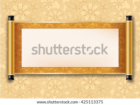 Chinese festive vector card with deployed ancient scroll. Golden floral pattern on scroll and on background. There is a place for your text, calligraphy or painting. Colored vector illustration.