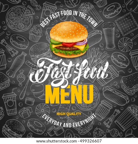 Fast Food Menu Template in Hand Drawn Doodle Style with Different Objects on Fast Food Theme. Chalkboard Design. Vector stock Illustration. 