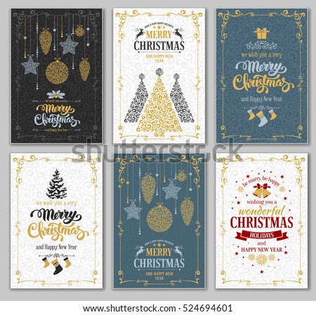 Merry Christmas And Happy New Year Greeting Cards Designs Set. Vector Graphic In Unusual Style