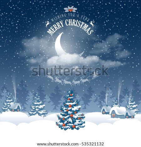 Magic Merry Christmas night for greeting card. Half moon in clouds, stars and snowfall. Flying Santa Claus with reindeers silhouette on moon background over winter landscape. Vector illustration.