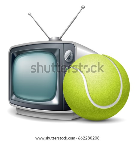 Tennis channel. Tennis ball and retro television. Vector realistic volumetric illustration. Isolated on white background.