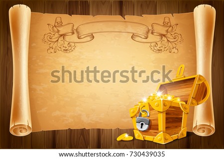 Opened treasure chest and ancient paper scroll on wooden background. Concept of travel and adventure. Vector illustration. 