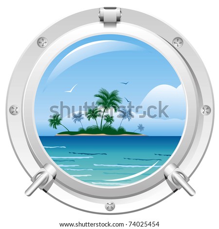 Porthole overlooking the sea and the tropical island
