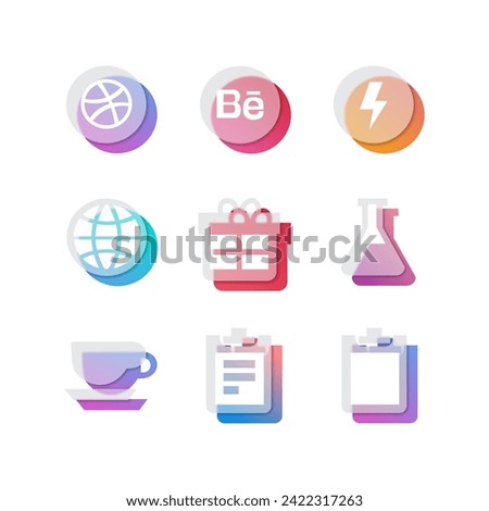 Realistic set of glass blur or glassmorphism ui icons for website or mobile app, vector icon illustration of dribble, behance, electric, web, gift box, science bottle, coffe glass