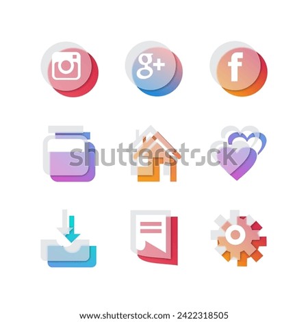 Realistic set of glass blur or glassmorphism ui icons for website or mobile app, instagram, google plus, facebook, parfume, house, hearth, like, download, document, setting, gear