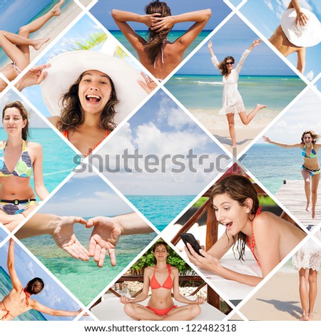Collage summer holiday of happy beautiful woman in Mexico