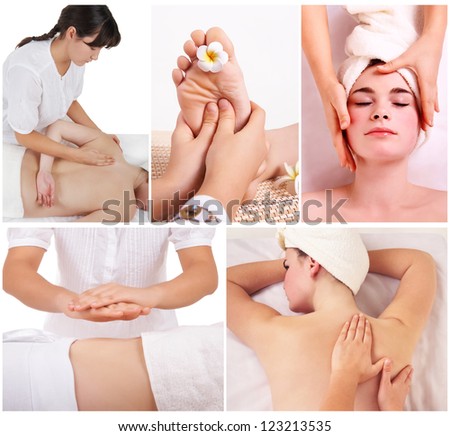 Collage of therapist making different massage in spa salon