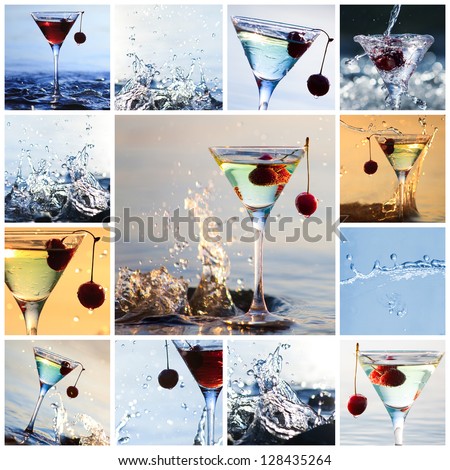 Collage of martini glass with cherries with water splashes