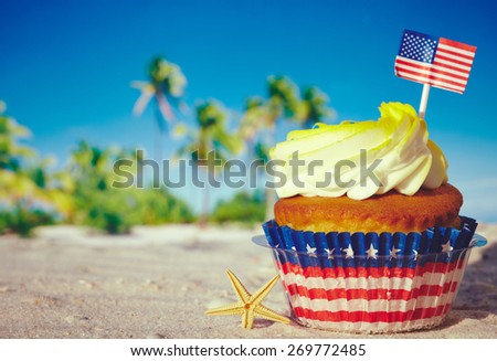 Patriotic holiday cupcake with American flag decorated for july 4th.