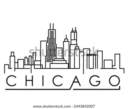 Linear Chicago City Silhouette with Typographic Design.Chicago minimal style City vector art.