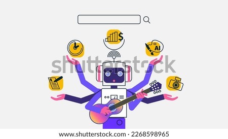 Illustration of a cute cartoon robot with multiple hands, each hand displaying popular search task icons on its palm, against a white background. A search bar with a magnifying glass is displayed on