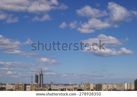 Panorama of Kiev with clouds in the blue sky, shooting from the top point