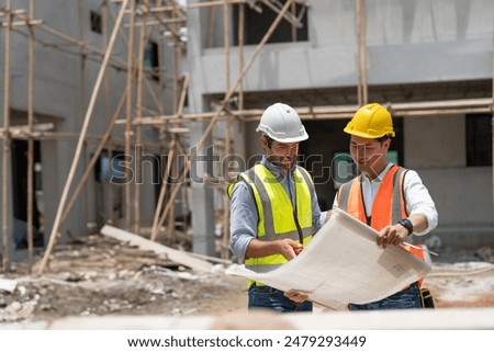 Similar – Image, Stock Photo foreman or architect working on mobile phone blueprints .construction site. Home improvement