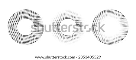 Circle dot frame. Circular border with effect halftone. Modern faded ring. Semitone shape round. Point sphere boarder. Dotted geometric pattern. Graphic small dots element for design prints
