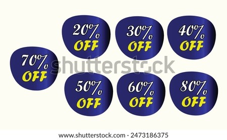 Title: Eye-catching blue discount tag of 80 70 60 50 40 30 20 percent off sticker design, boost your sales, set of discount stickers.