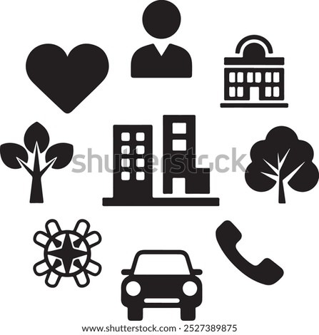 Black Filled Icons Set  Vector Silhouette Image on White Background , money gift, shopping bag, gift, box, label, delivery, heart pendant, package