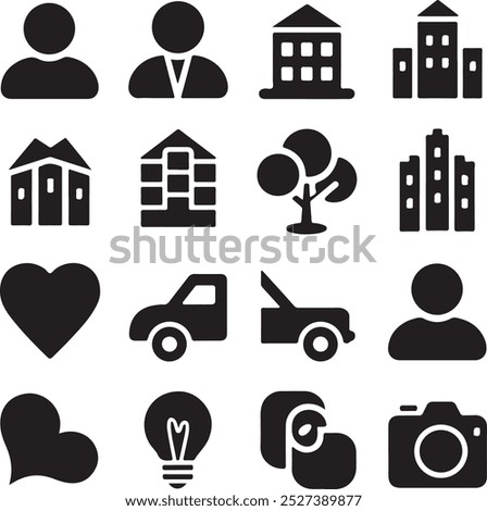 Black Filled Icons Set  Vector Silhouette Image on White Background , money gift, shopping bag, gift, box, label, delivery, heart pendant, package