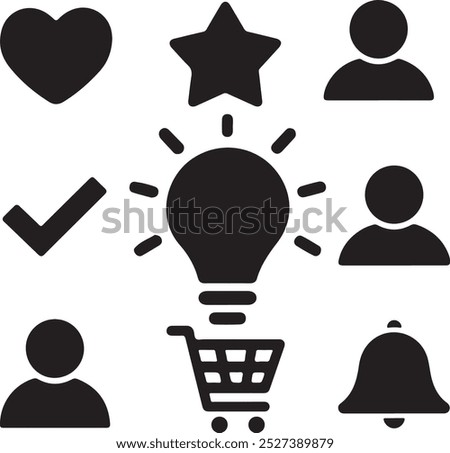 Black Filled Icons Set  Vector Silhouette Image on White Background , money gift, shopping bag, gift, box, label, delivery, heart pendant, package