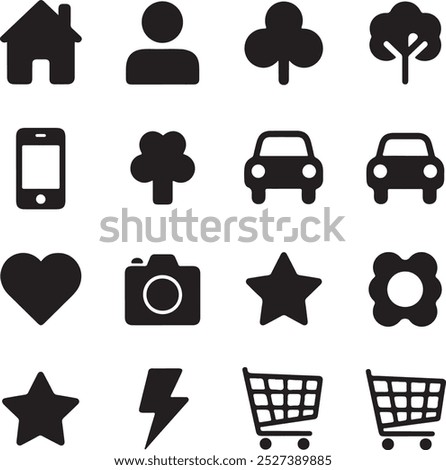 Black Filled Icons Set  Vector Silhouette Image on White Background , money gift, shopping bag, gift, box, label, delivery, heart pendant, package