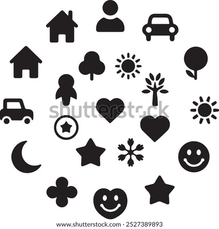 Black Filled Icons Set  Vector Silhouette Image on White Background , money gift, shopping bag, gift, box, label, delivery, heart pendant, package