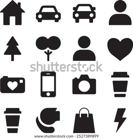 Black Filled Icons Set  Vector Silhouette Image on White Background , money gift, shopping bag, gift, box, label, delivery, heart pendant, package