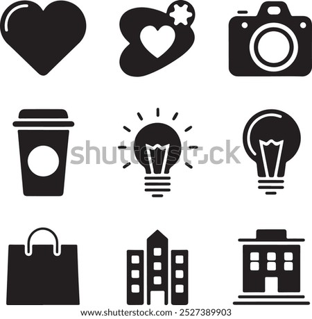 Black Filled Icons Set  Vector Silhouette Image on White Background , money gift, shopping bag, gift, box, label, delivery, heart pendant, package