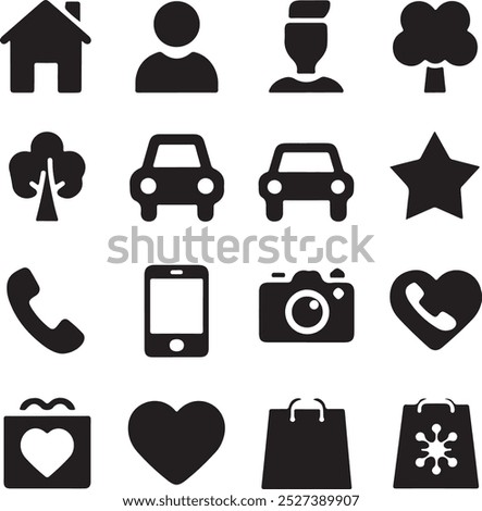 Black Filled Icons Set  Vector Silhouette Image on White Background , money gift, shopping bag, gift, box, label, delivery, heart pendant, package