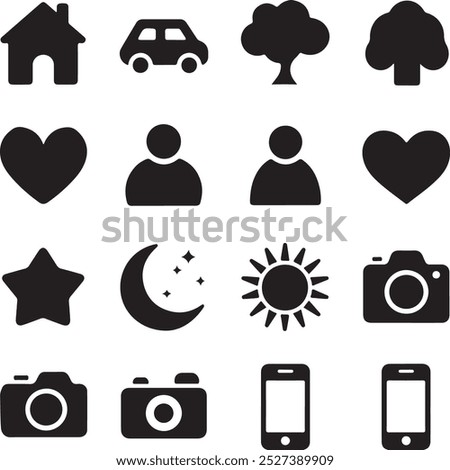 Black Filled Icons Set  Vector Silhouette Image on White Background , money gift, shopping bag, gift, box, label, delivery, heart pendant, package