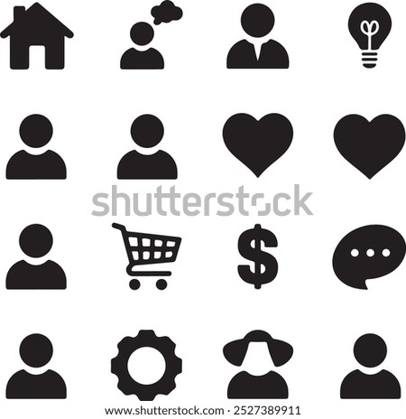 Black Filled Icons Set  Vector Silhouette Image on White Background , money gift, shopping bag, gift, box, label, delivery, heart pendant, package