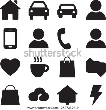 Black Filled Icons Set  Vector Silhouette Image on White Background , money gift, shopping bag, gift, box, label, delivery, heart pendant, package