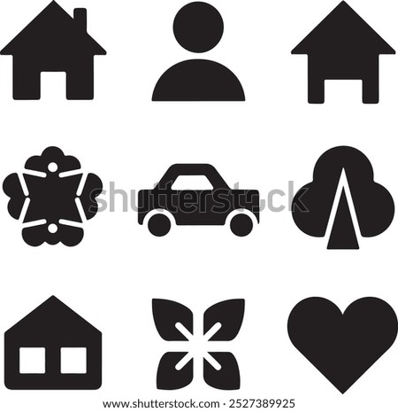 Black Filled Icons Set  Vector Silhouette Image on White Background , money gift, shopping bag, gift, box, label, delivery, heart pendant, package