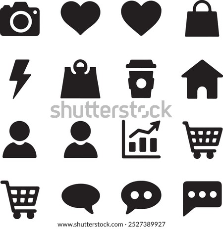 Black Filled Icons Set  Vector Silhouette Image on White Background , money gift, shopping bag, gift, box, label, delivery, heart pendant, package