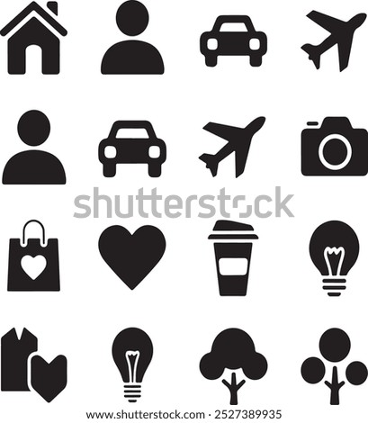 Black Filled Icons Set  Vector Silhouette Image on White Background , money gift, shopping bag, gift, box, label, delivery, heart pendant, package