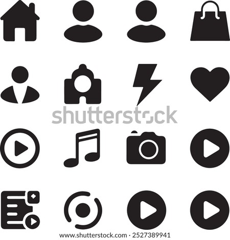 Black Filled Icons Set  Vector Silhouette Image on White Background , money gift, shopping bag, gift, box, label, delivery, heart pendant, package