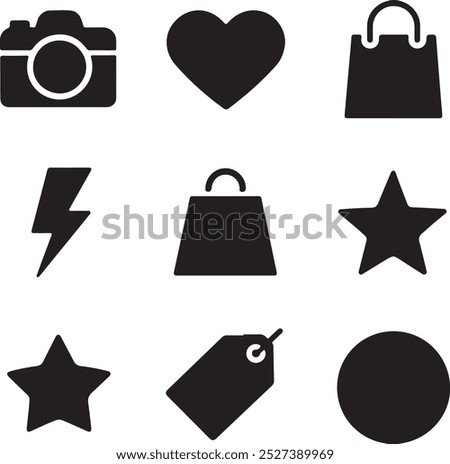 Black Filled Icons Set  Vector Silhouette Image on White Background , money gift, shopping bag, gift, box, label, delivery, heart pendant, package