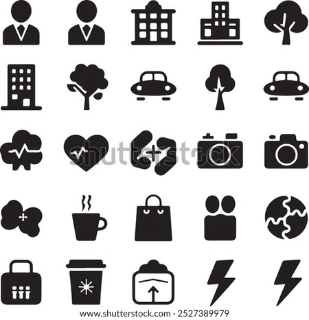 Black Filled Icons Set  Vector Silhouette Image on White Background , money gift, shopping bag, gift, box, label, delivery, heart pendant, package