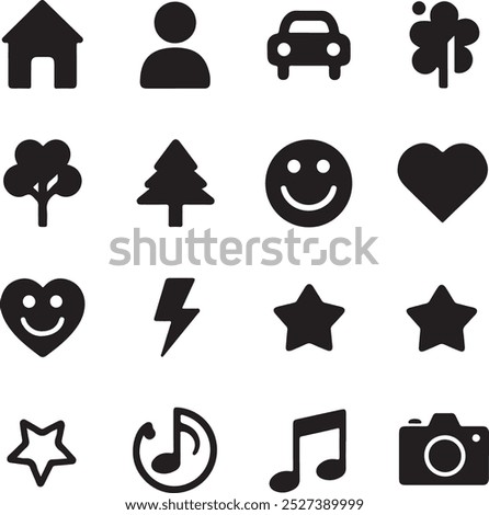 Black Filled Icons Set  Vector Silhouette Image on White Background , money gift, shopping bag, gift, box, label, delivery, heart pendant, package