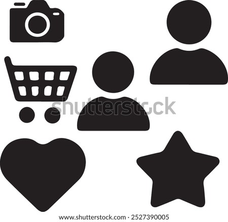 Black Filled Icons Set  Vector Silhouette Image on White Background , money gift, shopping bag, gift, box, label, delivery, heart pendant, package