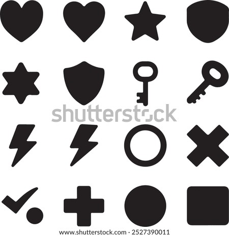 Black Filled Icons Set  Vector Silhouette Image on White Background , money gift, shopping bag, gift, box, label, delivery, heart pendant, package