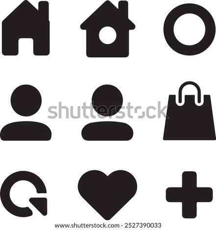 Black Filled Icons Set  Vector Silhouette Image on White Background , money gift, shopping bag, gift, box, label, delivery, heart pendant, package