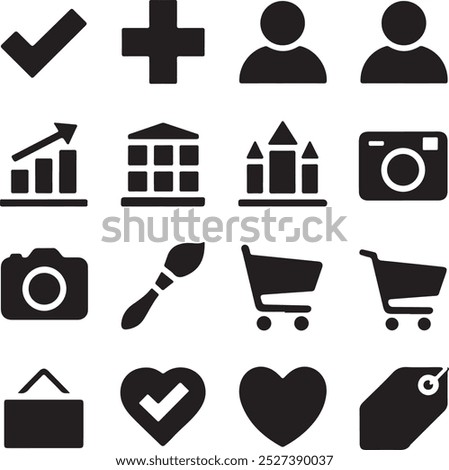 Black Filled Icons Set  Vector Silhouette Image on White Background , money gift, shopping bag, gift, box, label, delivery, heart pendant, package