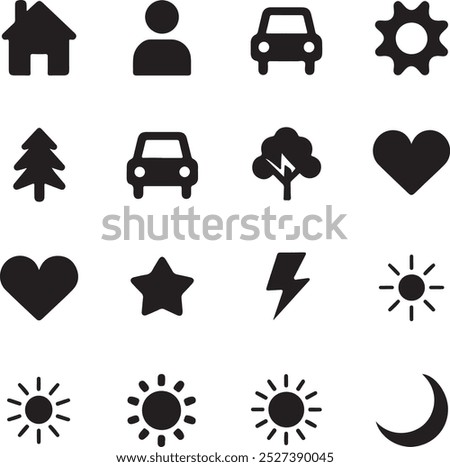 Black Filled Icons Set  Vector Silhouette Image on White Background , money gift, shopping bag, gift, box, label, delivery, heart pendant, package