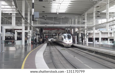 MADRID  FEB 21: High speed train in Atocha Station on February 21, 2013 in Madrid, Spain. Spain\'s main cities are connected by high-speed trains.