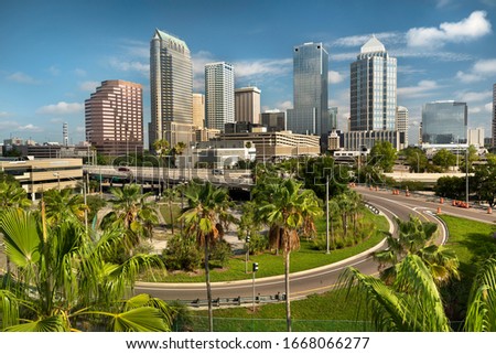 Downtown city skyline view of Tampa Florida USA looking over the freeway and the Riverwalk Foto stock © 