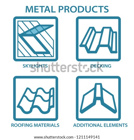 Metal products for the home. Icons. Roof window, skylight, dormer, decking, roofing materials, additional elements.