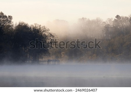 Similar – Image, Stock Photo fog rises over river in dark summer evening. Reeds and water lilies in foreground, bridge in distance. Dull boring sky. Beautiful moody night time