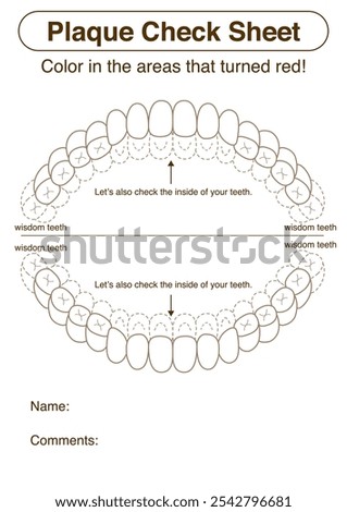 Permanent dentition brushing residue check sheet, plaque disclosing illustration.