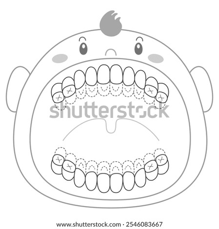 Black and white primary dentition period brushing residue check sheet, plaque disclosing illustration