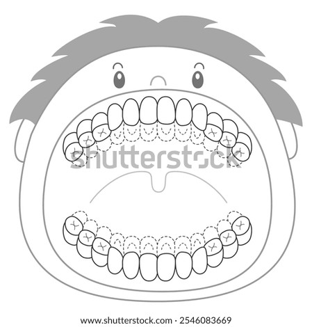 Black and white mixed dentition brushing residue check sheet, plaque disclosing illustration.