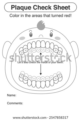 Black and white primary dentition period brushing residue check sheet, plaque disclosing illustration